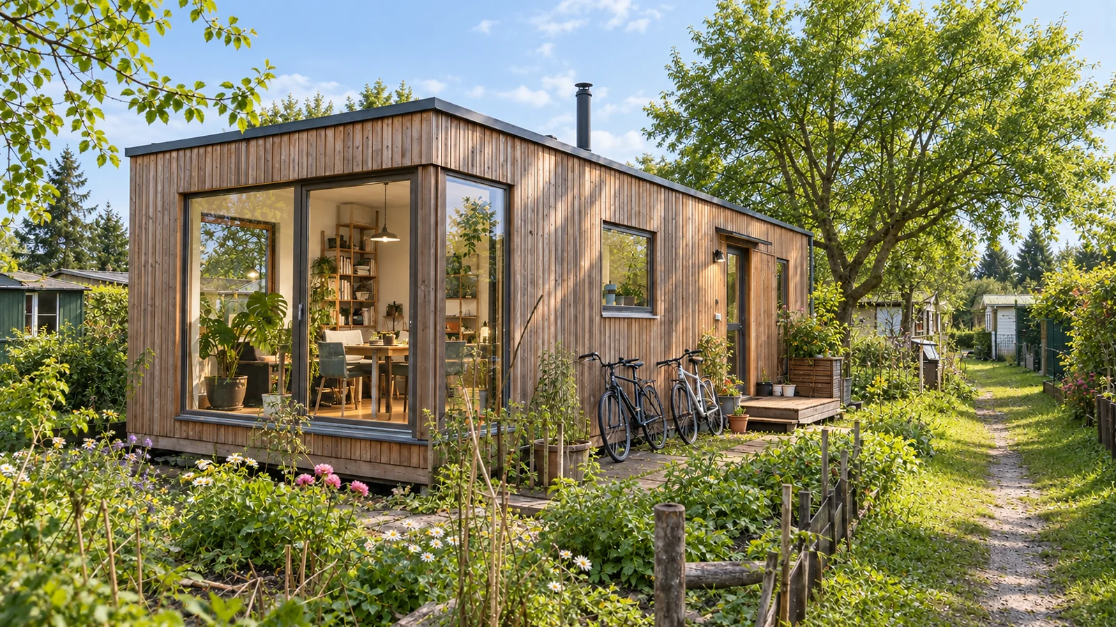 Bewohntes Tiny House aus Holz in einem sommerlich grünen Garten